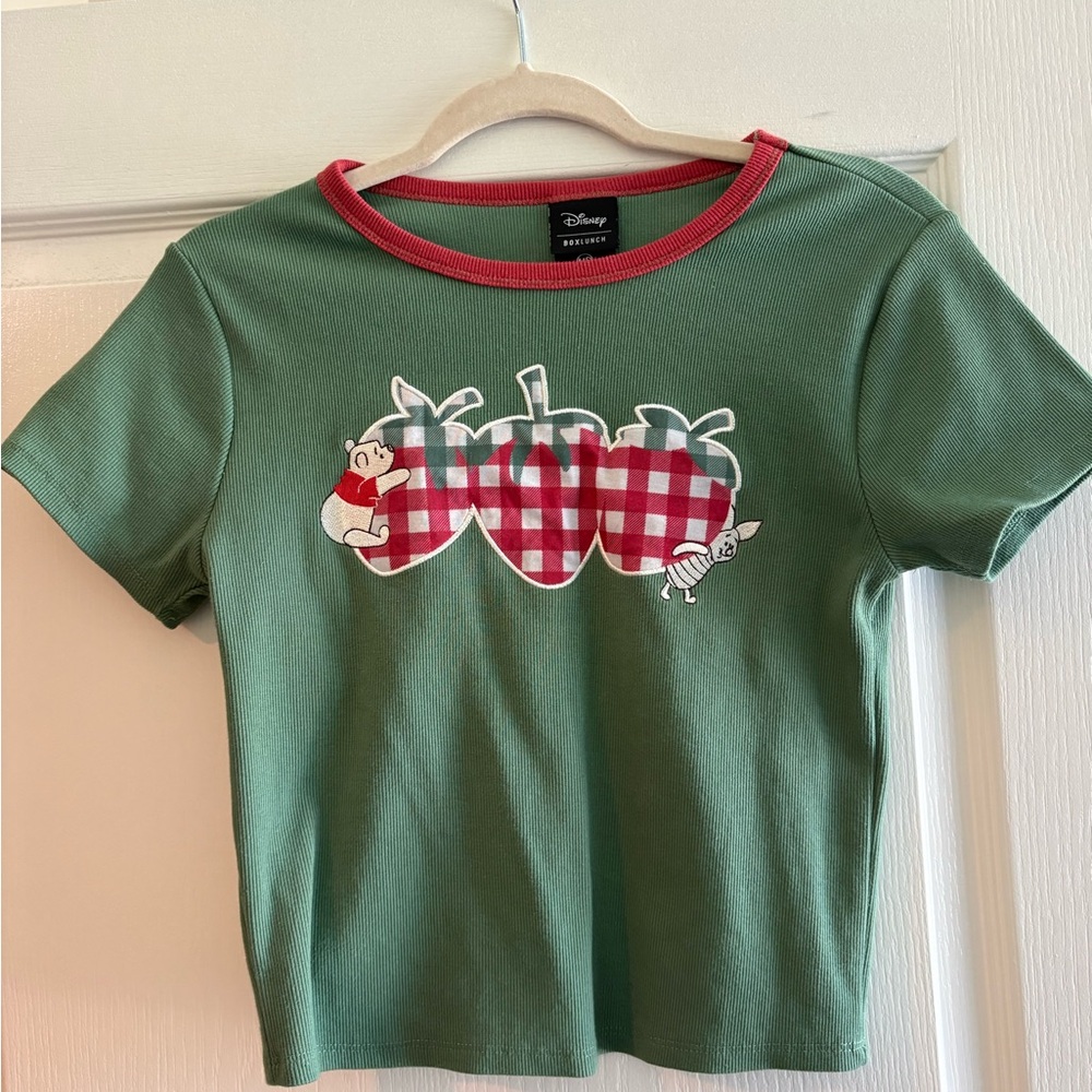 Disney Green Short Sleeve Tee with Red Trim and Gingham Apple Appliqué